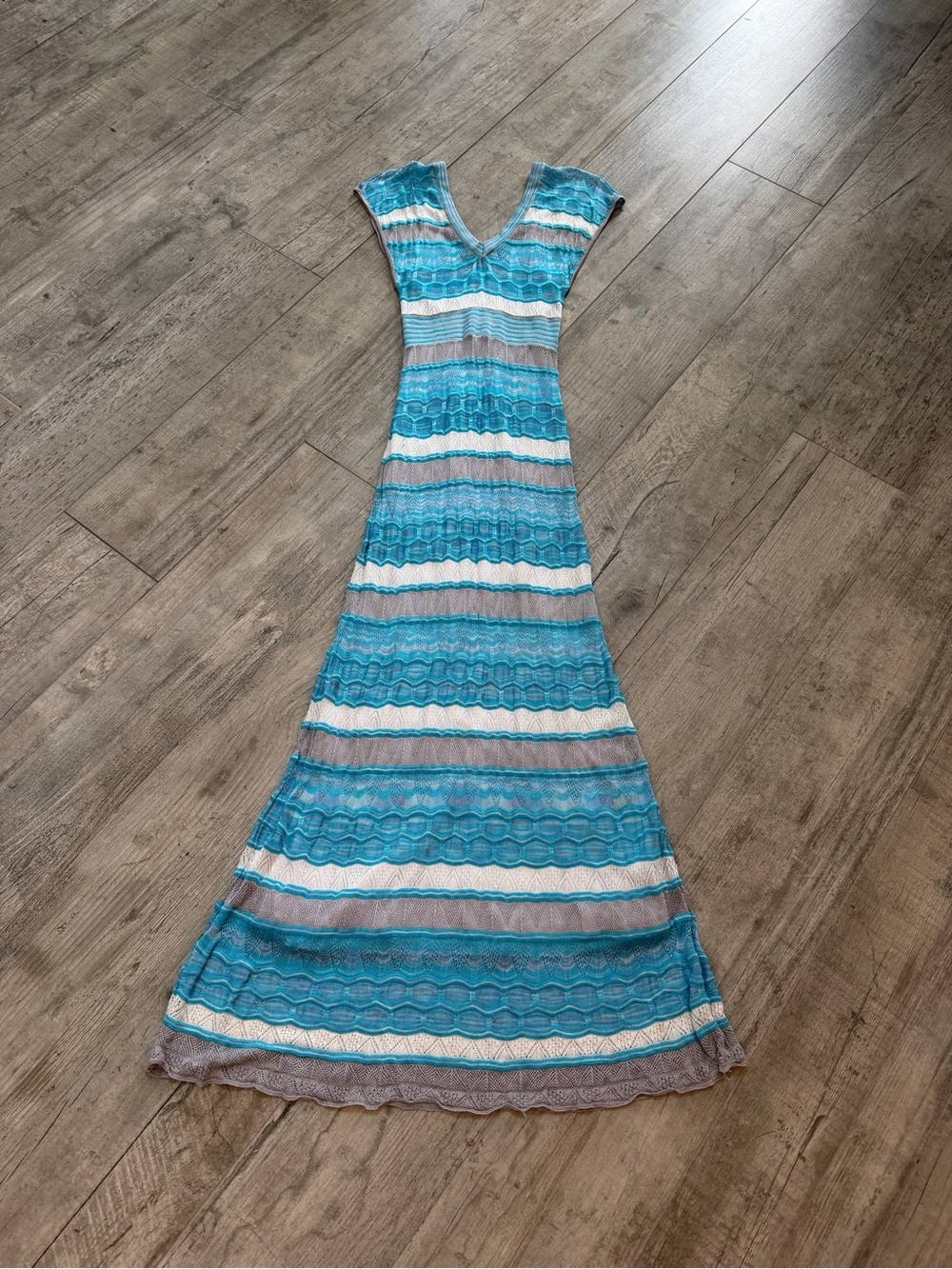 bebe Mermaid Fairy Y2K  Striped Vintage Crochet V-Neck Maxi Dress
